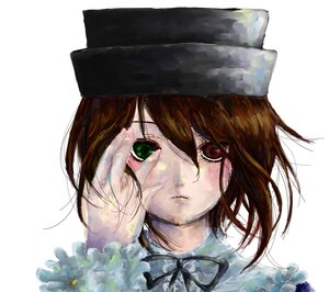 Rating: Safe Score: 0 Tags: 1girl brown_eyes brown_hair closed_mouth green_eyes hat image looking_at_viewer portrait ribbon short_hair simple_background solo souseiseki white_background User: admin