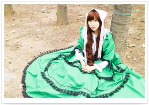 Rating: Safe Score: 0 Tags: 1girl brown_hair dress frills green_dress green_eyes long_hair long_sleeves solo suiseiseki very_long_hair User: admin