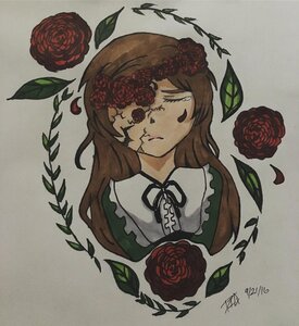 Rating: Safe Score: 0 Tags: 1girl brown_hair closed_eyes dress flower image leaf long_hair plant red_flower red_rose rose solo suiseiseki thorns traditional_media User: admin