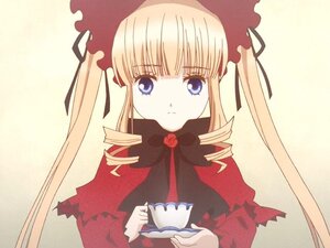 Rating: Safe Score: 0 Tags: 1girl blonde_hair blue_eyes bonnet bow bowtie cup dress drill_hair flower holding holding_cup image long_hair long_sleeves looking_at_viewer red_dress ribbon rose shinku sidelocks simple_background solo teacup twintails upper_body yellow_background User: admin
