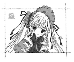 Rating: Safe Score: 0 Tags: 1girl artist_name blush bonnet drill_hair eyebrows_visible_through_hair flower greyscale image long_hair looking_at_viewer monochrome ribbon ringlets shinku simple_background solo traditional_media twin_drills upper_body watermark web_address white_background User: admin