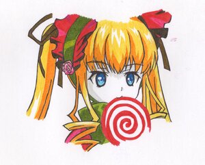 Rating: Safe Score: 0 Tags: 1girl blonde_hair blue_eyes candy flower food image lollipop red_rose rose shinku simple_background solo swirl_lollipop traditional_media white_background User: admin