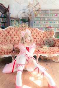 Rating: Safe Score: 0 Tags: 1girl blonde_hair blue_eyes bookshelf dress hinaichigo photo realistic ribbon sitting solo traditional_media wooden_floor User: admin