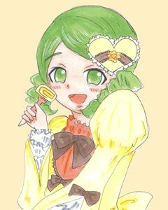 Rating: Safe Score: 0 Tags: 1girl :d auto_tagged bow bowtie food green_eyes green_hair heart holding holding_food image kanaria open_mouth short_hair simple_background smile solo upper_body yellow_background User: admin