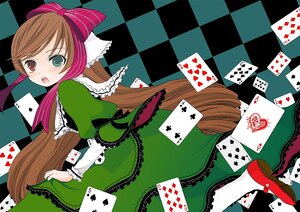 Rating: Safe Score: 0 Tags: 1girl argyle argyle_background argyle_legwear board_game bow brown_hair card checkerboard_cookie checkered checkered_background checkered_floor checkered_kimono checkered_skirt chess_piece club_(shape) cookie diamond_(shape) dress floor green_eyes hair_ribbon heterochromia holding_card image knight_(chess) long_hair on_floor open_mouth perspective playing_card red_eyes ribbon solo spade_(shape) suiseiseki tile_floor tiles vanishing_point User: admin