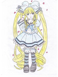 Rating: Safe Score: 0 Tags: 1girl blonde_hair bow dress drill_hair frills full_body hair_bow heart image long_hair long_sleeves petals ringlets rose_petals shinku solo striped striped_legwear traditional_media twin_drills twintails very_long_hair User: admin