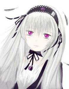 Rating: Safe Score: 0 Tags: 1girl bangs black_ribbon closed_mouth detached_collar dress feathers flower frills hairband image lolita_hairband long_hair long_sleeves looking_at_viewer pink_eyes ribbon rose silver_hair simple_background smile solo suigintou upper_body white_background wings User: admin