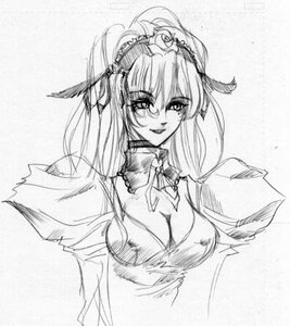 Rating: Safe Score: 0 Tags: 1girl breasts choker cleavage dress greyscale image large_breasts long_hair monochrome sketch smile solo suigintou upper_body User: admin