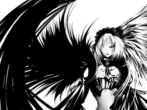 Rating: Safe Score: 0 Tags: 1girl black_wings dress feathered_wings feathers frills greyscale hair_over_one_eye hairband image lolita_hairband long_hair long_sleeves looking_at_viewer mnk monochrome red_eyes rozen_maiden simple_background solo suigintou white_background wings User: admin