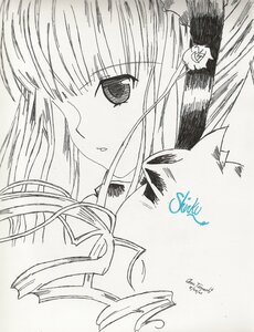 Rating: Safe Score: 0 Tags: 1girl bangs blush eyebrows_visible_through_hair hair_ornament image looking_at_viewer monochrome shinku signature solo User: admin