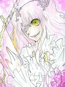 Rating: Safe Score: 0 Tags: 1girl eyepatch flower frills hair_flower hair_ornament image kirakishou long_hair pink_flower pink_hair rose smile solo traditional_media veil yellow_eyes User: admin