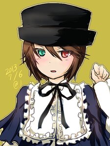 Rating: Safe Score: 0 Tags: 1girl black_headwear blush brown_hair frills green_eyes hat heterochromia image long_sleeves looking_at_viewer red_eyes ribbon short_hair simple_background solo souseiseki upper_body yellow_background User: admin