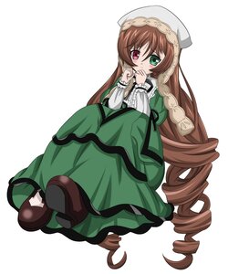 Rating: Safe Score: 0 Tags: 1girl blush brown_hair dress drill_hair frills full_body green_dress green_eyes hat heterochromia image long_hair long_sleeves red_eyes shoes solo suiseiseki twin_drills twintails very_long_hair white_background User: admin