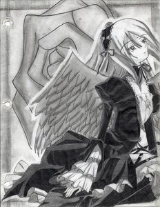 Rating: Safe Score: 0 Tags: 1girl black_wings dress feathered_wings frilled_sleeves frills greyscale hairband image lolita_hairband long_hair long_sleeves looking_at_viewer monochrome ribbon solo standing suigintou traditional_media wings User: admin