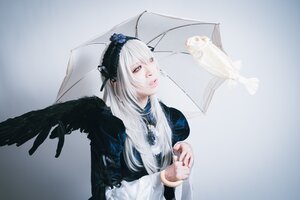 Rating: Safe Score: 0 Tags: 1girl bird bird_on_shoulder black_wings crow feathered_wings feathers flower holding_umbrella lips long_hair long_sleeves rain solo suigintou umbrella wings User: admin