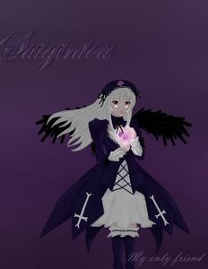 Rating: Safe Score: 0 Tags: 1girl black_wings boots cross cross-laced_clothes detached_collar dress flower frills hairband image long_hair long_sleeves looking_at_viewer purple_background ribbon rose silver_hair simple_background solo standing suigintou wings User: admin