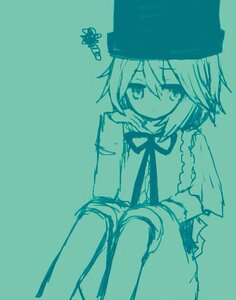 Rating: Safe Score: 0 Tags: 1girl aqua_theme bangs blue_theme bow capelet closed_mouth dress eyebrows_visible_through_hair hair_between_eyes hat image long_sleeves looking_at_viewer monochrome neck_ribbon ribbon short_hair simple_background sitting solo souseiseki User: admin