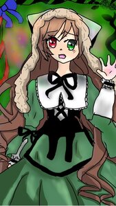 Rating: Safe Score: 0 Tags: 1girl black_ribbon brown_hair dress frills green_dress green_eyes heterochromia image long_hair long_sleeves looking_at_viewer open_mouth red_eyes ribbon solo suiseiseki very_long_hair User: admin