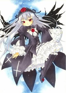 Rating: Safe Score: 0 Tags: 1girl black_dress black_legwear dress flower frilled_sleeves frills hairband image long_hair long_sleeves looking_at_viewer red_eyes red_flower red_rose ribbon rose silver_hair solo suigintou wings User: admin