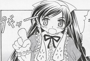 Rating: Safe Score: 0 Tags: 1girl blush dress frills greyscale image index_finger_raised long_hair long_sleeves monochrome open_mouth pointing ribbon solo suiseiseki upper_body User: admin