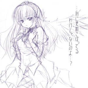 Rating: Safe Score: 0 Tags: 1girl artist_request closed_mouth cowboy_shot cross-laced_clothes dress expressionless eyebrows_visible_through_hair frills hairband hand_on_own_chest image long_hair long_sleeves looking_at_viewer lowres monochrome purple_theme ribbon rozen_maiden simple_background sketch solo standing suigintou very_long_hair white_background wings User: admin