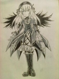 Rating: Safe Score: 0 Tags: 1girl boots dress frills full_body hairband image long_hair long_sleeves looking_at_viewer monochrome rose simple_background solo standing suigintou traditional_media wings User: admin