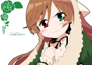 Rating: Safe Score: 0 Tags: 1girl bangs brown_hair closed_mouth dress eyebrows_visible_through_hair flower green_dress green_eyes head_scarf heterochromia image long_hair long_sleeves red_eyes rose simple_background solo suiseiseki tears white_background User: admin