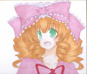 Rating: Safe Score: 0 Tags: 1girl :d blonde_hair bow drill_hair frills green_eyes hina_ichigo hinaichigo image looking_at_viewer open_mouth pink_bow ribbon simple_background smile solo traditional_media white_background User: admin