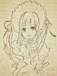 Rating: Safe Score: 0 Tags: 1girl bangs blunt_bangs bonnet dress eyebrows_visible_through_hair flower frills image long_hair long_sleeves looking_at_viewer monochrome rose shinku solo traditional_media umbrella upper_body User: admin