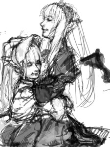 Rating: Safe Score: 0 Tags: 2girls blood bonnet dress greyscale hairband image long_hair long_sleeves monochrome multiple_girls pair shinku sketch suigintou User: admin