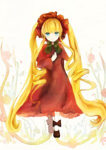 Rating: Safe Score: 0 Tags: 1girl blonde_hair blue_eyes bonnet bow bowtie cup dress flower full_body green_bow image long_hair long_sleeves looking_at_viewer pantyhose pink_rose red_dress rose shinku shoes solo twintails very_long_hair User: admin