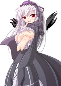 Rating: Safe Score: 3 Tags: 1girl :d black_dress black_wings blush dress frills hairband image index_finger_raised long_hair long_sleeves looking_at_viewer open_mouth pointing red_eyes silver_hair simple_background smile solo suigintou very_long_hair white_background wings User: admin