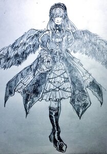 Rating: Safe Score: 0 Tags: 1girl bangs blue_theme boots dress feathered_wings frills full_body image knee_boots long_hair long_sleeves looking_at_viewer monochrome smile solo standing suigintou traditional_media wings User: admin