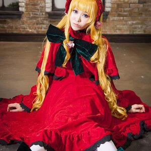 Rating: Safe Score: 0 Tags: 1girl bangs black_legwear blonde_hair blue_eyes bonnet bow dress flower frills lace long_hair long_sleeves looking_at_viewer realistic red_dress shinku sitting solo twintails User: admin