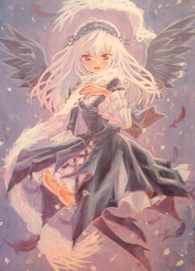 Rating: Safe Score: 0 Tags: 1girl bangs black_wings dress feathered_wings feathers flower frills hairband image long_hair long_sleeves looking_at_viewer open_mouth red_eyes ribbon rose smile solo suigintou wings User: admin