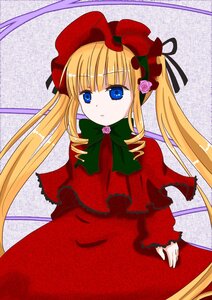 Rating: Safe Score: 0 Tags: 1girl blonde_hair blue_eyes bonnet bow bowtie capelet dress flower green_bow image long_hair long_sleeves looking_at_viewer red_dress shinku solo twintails User: admin