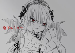 Rating: Safe Score: 0 Tags: 1girl bangs blush dress eyebrows_visible_through_hair frills hairband image long_hair looking_at_viewer monochrome red_eyes simple_background solo suigintou sweat User: admin
