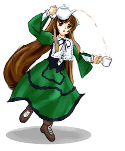 Rating: Safe Score: 0 Tags: 1girl brown_hair cup dress frills full_body green_dress green_eyes hat head_scarf heterochromia holding image long_hair long_sleeves looking_at_viewer open_mouth red_eyes simple_background solo standing suiseiseki teacup very_long_hair watering_can white_background User: admin