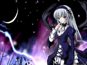Rating: Safe Score: 0 Tags: 1girl black_wings detached_collar dress feathers finger_to_mouth flower frills hairband image juliet_sleeves lolita_hairband long_hair long_sleeves looking_at_viewer moon pink_eyes puffy_sleeves silver_hair sky solo suigintou wings User: admin