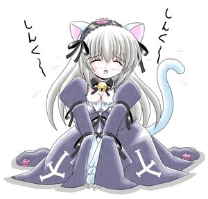 Rating: Safe Score: 0 Tags: 1girl animal_ears bell blush cat_ears cat_tail closed_eyes hairband image long_sleeves silver_hair solo suigintou tail User: admin