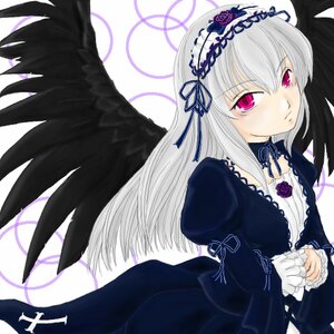 Rating: Safe Score: 0 Tags: 1girl black_wings dress feathers flower frills hairband image lolita_fashion lolita_hairband long_hair long_sleeves looking_at_viewer pink_eyes ribbon rose silver_hair solo suigintou wings User: admin