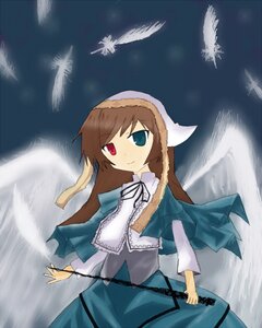 Rating: Safe Score: 0 Tags: 1girl angel_wings bird blue_dress brown_hair dress feathers frills green_dress green_eyes heterochromia image long_hair long_sleeves looking_at_viewer outdoors red_eyes smile solo standing suiseiseki very_long_hair white_wings wings User: admin