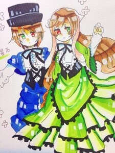 Rating: Safe Score: 0 Tags: 2girls blue_dress brown_hair dress frills green_dress green_eyes hat head_scarf heterochromia image lolita_fashion long_hair long_sleeves multiple_girls pair red_eyes ribbon short_hair siblings sisters smile souseiseki suiseiseki traditional_media twins watercolor_(medium) User: admin