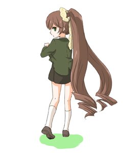 Rating: Safe Score: 0 Tags: 1girl brown_hair drill_hair full_body green_eyes image jacket kneehighs loafers long_hair long_sleeves looking_at_viewer looking_back school_uniform shoes skirt solo standing suiseiseki very_long_hair white_background white_legwear User: admin