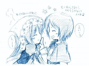 Rating: Safe Score: 0 Tags: 2girls blue_theme blush closed_eyes flower image long_hair long_sleeves monochrome multiple_girls open_mouth pair ribbon short_hair smile souseiseki suiseiseki yuri User: admin