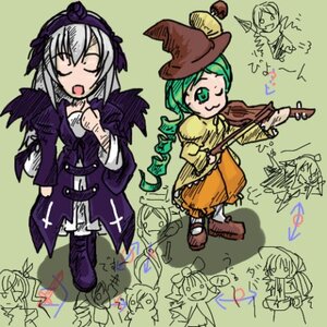 Rating: Safe Score: 0 Tags: auto_tagged eighth_note green_eyes green_hair guitar hat image instrument kanaria long_hair long_sleeves multiple_girls music musical_note one_eye_closed pair pumpkin suigintou violin wings witch_hat User: admin