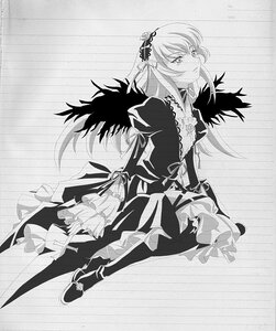 Rating: Safe Score: 0 Tags: 1girl dress flower frills greyscale hairband image long_hair long_sleeves monochrome ribbon solo standing suigintou User: admin