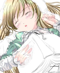 Rating: Safe Score: 0 Tags: 1girl artist_request bangs blonde_hair blush book closed_eyes dress green_dress head_scarf image long_hair long_sleeves on_back open_book rozen_maiden sleeping solo suiseiseki upper_body User: admin