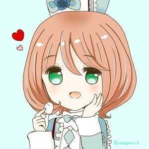 Rating: Safe Score: 0 Tags: 1girl animal_ears aqua_background bangs blue_background blue_bow blue_flower blush bow bunny_ears eyebrows_visible_through_hair frills green_eyes hat heart holding keikujyaku long_sleeves open_mouth simple_background smile solo striped twitter_username upper_body vertical_stripes User: admin