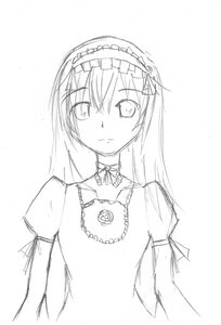 Rating: Safe Score: 0 Tags: 1girl choker closed_mouth dress flat_chest greyscale hairband image lolita_hairband long_hair looking_at_viewer monochrome ribbon simple_background sketch solo suigintou upper_body white_background User: admin